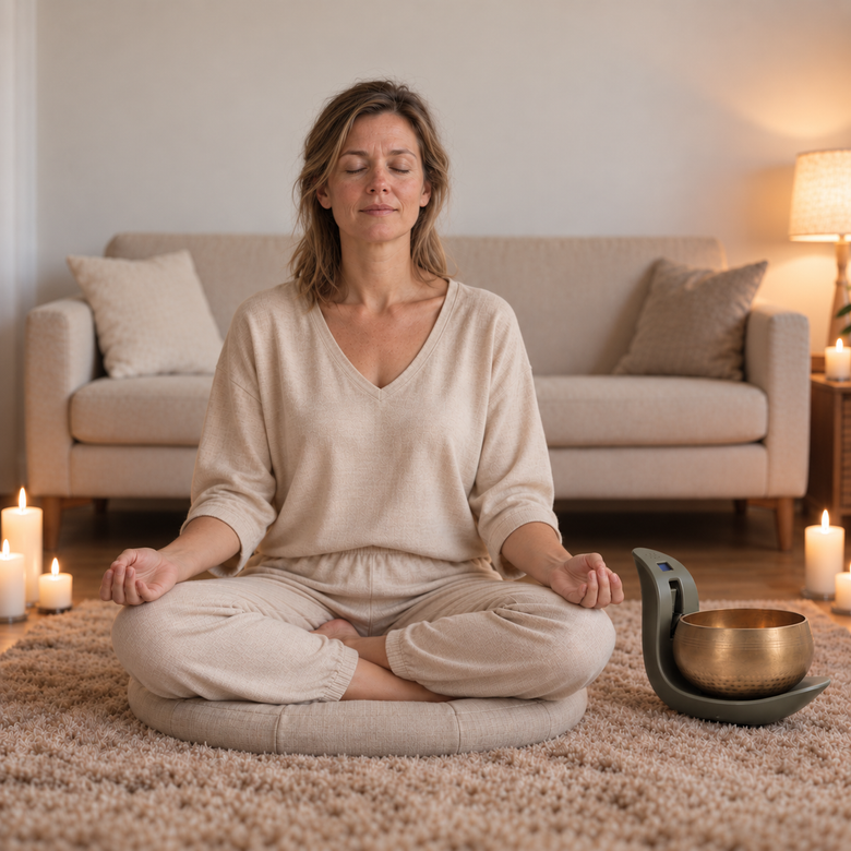 A woman meditating in a cozy living room setting, wearing a beige lounge set. An automatic singing bowl on a stand sits to her right, with candles and a sofa in the background.