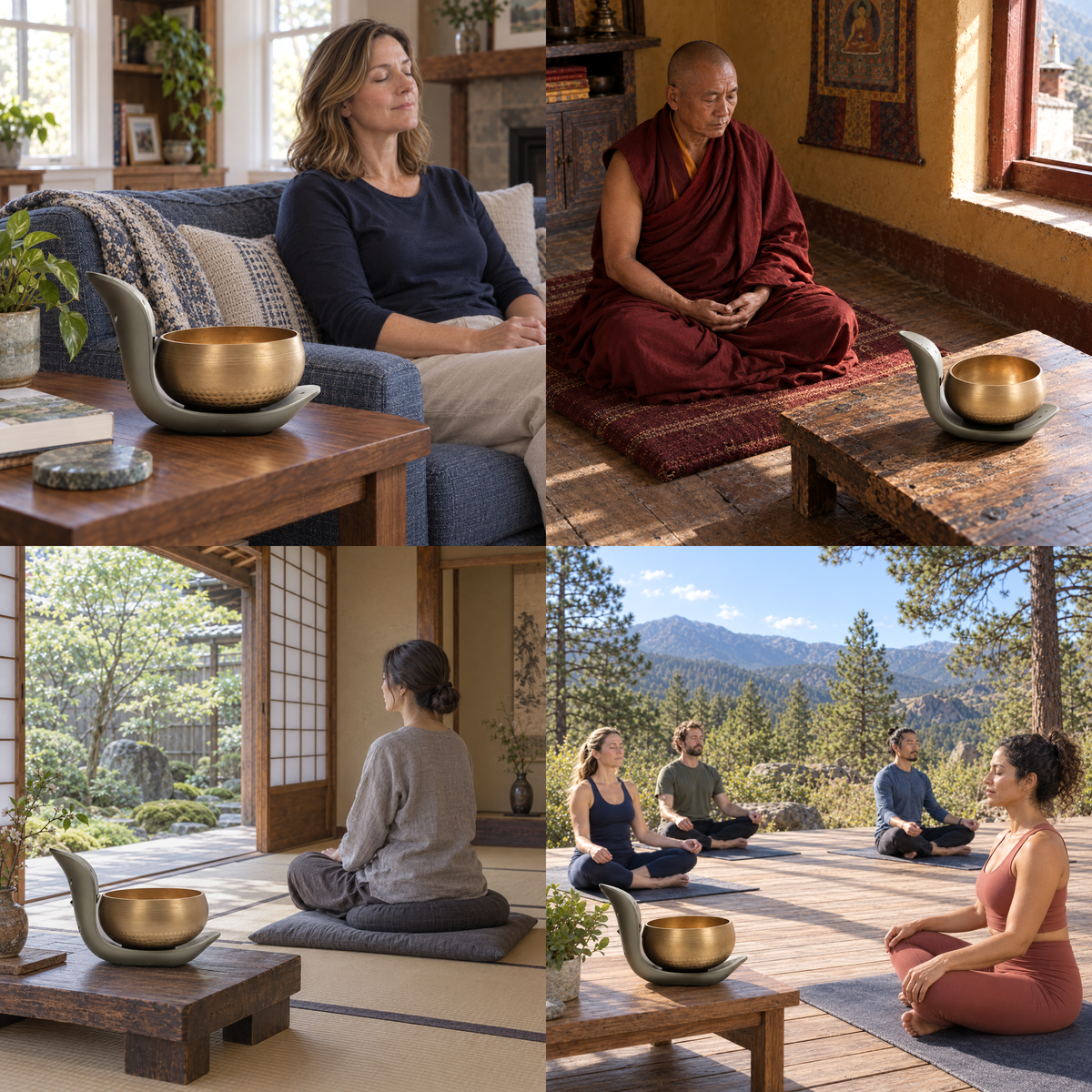 A four-panel collage showing people using and meditating with an automatic singing bowl set in home and outdoor settings. The set includes a gold bowl on a gray saucer on a wooden table, with a woman seated nearby in a living room and a group of people meditating on mats in a mountainous outdoor space.