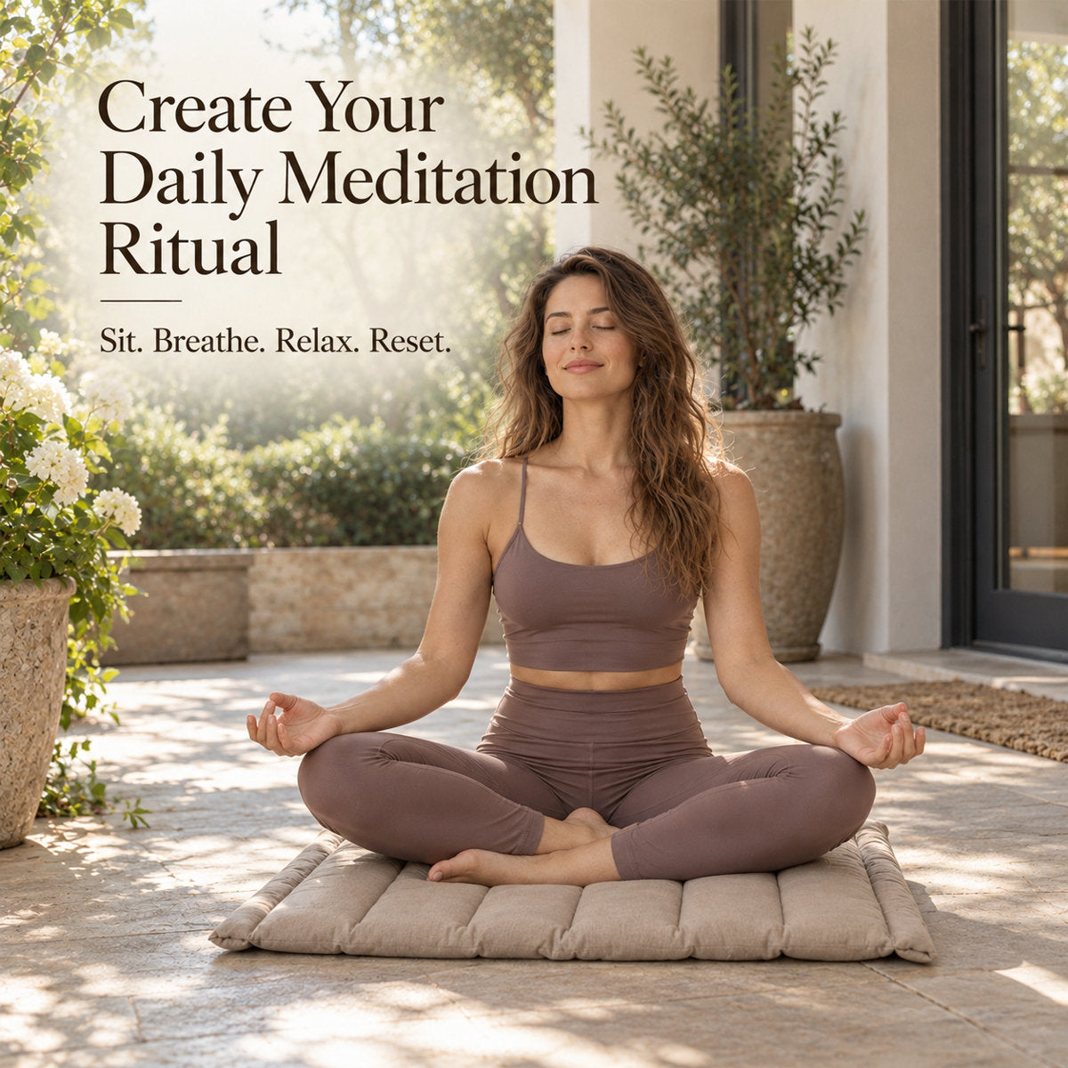 Woman meditating on the Lemofuta padded floor cushion
